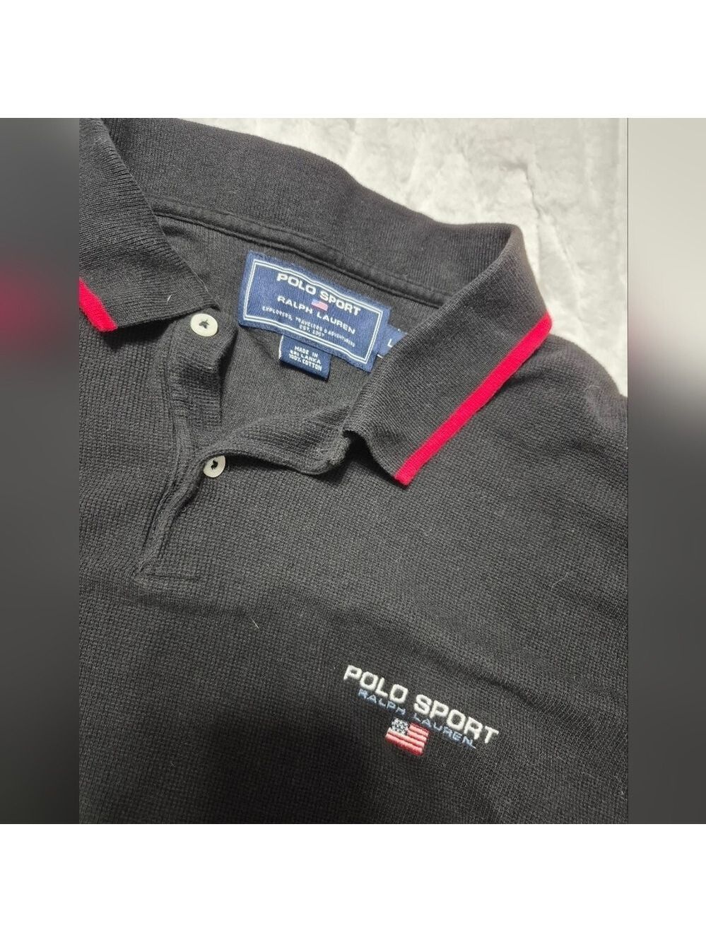 Polo Sport by Ralph Lauren Black Cotton Polo Shirt with Red Accents Lg